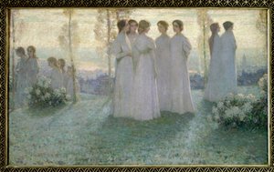 Sunnuntaina valkoisiin pukeutunut nainen puhuu puutarhassa - Henri Eugene (Henri-Eugene) Le Sidaner (1862-1939) maalaus tekijältä Henri Eugene Augustin Le Sidaner
