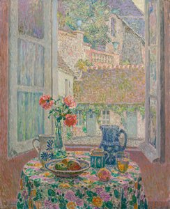 Pöytä näköalalla sisäpihalle - Henri Le Sidanerin (1862-1939) maalaus tekijältä Henri Eugene Augustin Le Sidaner