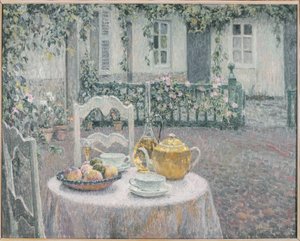 Vaaleanpunainen pöytäliina tekijältä Henri Eugene Augustin Le Sidaner