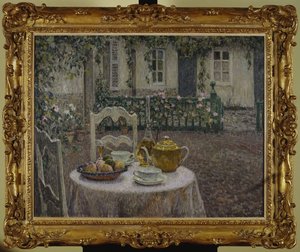 Vaaleanpunainen pöytäliina tekijältä Henri Eugene Augustin Le Sidaner