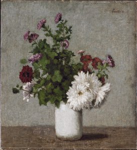 Kukka-asetelma: syyskrysanteemeja valkoisessa maljakossa tekijältä Henri Fantin-Latour