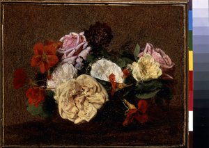 Ruusut ja nasturtiot maljakossa. Henri Fantin-Latourin maalaus (Fantin Latour tekijältä Ignace Henri Jean Fantin Latour