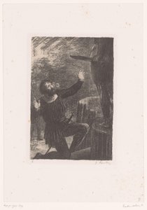 Cellini polvistuu Perseuksen pronssisen patsaan eteen Benvenuto Cellini. Laki III. La fonte du Persee Hector Berliozin elämä ja teokset (sarjan nimi) tekijältä Ignace Henri Jean Fantin Latour