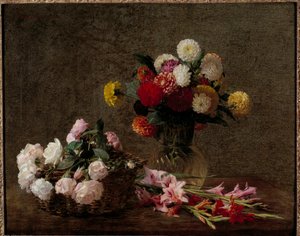 Daaliat ja ruusut korissa Henri Fantin Latourin maalaus (Fantin-Latour tekijältä Ignace Henri Jean Fantin-Latour