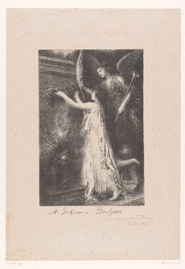 Enkeli ja kuuluisuuden henkilöitymä tuovat kunniaseppeleen Johannes Brahmsin haudalle Á Johannes Brahms (otsikko esineessä) tekijältä Ignace Henri Jean Fantin Latour