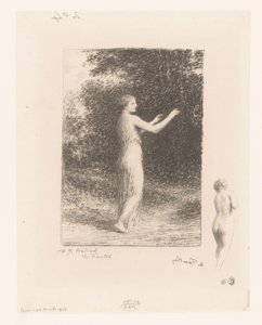 Maagd van Lycus vaeltaa luonnossa Kerjäläinen Gedichten van André Chénier (sarjan nimi) Kuvituksia André Chénierin runoihin (sarjan nimi) tekijältä Ignace Henri Jean Fantin Latour