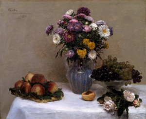 Valkoisia ruusuja ja krysanteemeja maljakossa tekijältä Ignace Henri Jean Fantin Latour