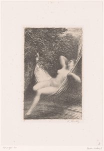 Sara keinuu alasti riippumatossa veden päällä Sara la Baigneuse Hector Berliozin elämä ja teokset (sarjan nimi) tekijältä Ignace Henri Jean Fantin Latour