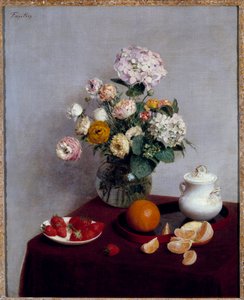 Henri Fantin Latourin maalaus kesäkukkia ja hedelmiä (Fantin-Latour tekijältä Ignace Henri Jean Fantin-Latour