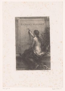 Otsikkopainatus: Richard Wagner, sa vie et ses œuvres Richard Wagner (otsikko esineessä) Kuolemattomuus Richard Wagnerin elämä ja teokset (sarjan nimi) tekijältä Ignace Henri Jean Fantin Latour