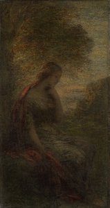 Nuori nainen puun alla auringonlaskun aikaan, nimeltään "Syksy" tekijältä Ignace Henri Jean Fantin Latour