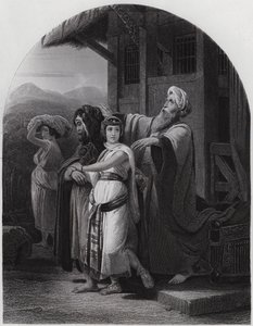 Rebekan lähtö (kaiverrus) tekijältä Henri Frederic (after) Schopin
