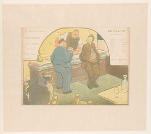 Neljä miestä bistrossa Le Devoir (otsikko esineessä) Esitykset Théâtre Librestä (sarjan nimi) Les Programs du Théâtre Libre (sarjan nimi) tekijältä Henri Gabriel Ibels