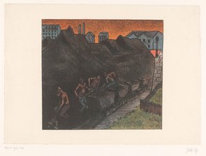Neljä kaivostyöntekijää lapioi hiiltä kärryihin Au parc de charbon Théâtre Libren esitykset (sarjan nimi) Les Programs du Théâtre Libre (sarjan nimi) tekijältä Henri Gabriel Ibels