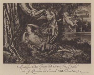 Nell Gwyn ja hänen kaksi poikaansa, Charles, Earl of Burford, ja James, Lord Beauclerk (kaiverrus)