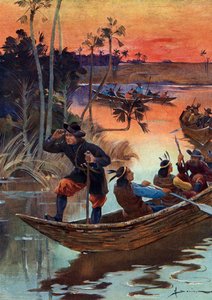 Rene Robert Cavelier de La Salle (1643-1687), ranskalainen tutkimusmatkailija ja hänen toverinsa laskeutumassa Mississippi-joesta Ranskaan tekijältä Henri Gaston Darien