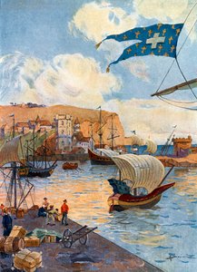 Näkymä Dieppen kaupunkiin Normandiassa ranskalaisen tutkimusmatkailijan Jean Cousinin aikaan, 1400-luvun loppu. Gaston Henry Darienin (1864-1926) kuvitus Pierre Legendren teoksesta Notre epopee coloniale