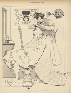 Thulen kuninkaan hiustenleikkaus: mies parturissa (litho)