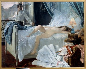 Rolla. Pari makuuhuoneessa, nainen nukkuu alasti ja mies katsoo häntä ikkunasta. Henri Gervexin (1852 - 1929) maalaus. 1878. Dim. 1,75 x 2,20 m Musee des Beaux Arts de Bordeaux - Rolla. Pari makuuhuoneessa, nainen nukkuu ja na
