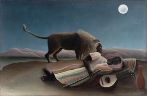 ""Nukkuva mustalainen"" Henry Rousseaun maalaus, joka tunnetaan nimellä Douanier Rousseau (1844-1910) 1897 Koko 129,5x200,7 cm New York, Modernin taiteen museo