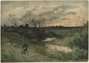 Dawn - Metsästäjä koiran kanssa, 1882. tekijältä Henri Joseph Harpignies