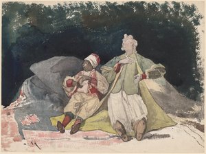 Kaksi nukkea tai nukkea istuvat tyynyillä tekijältä Henri Joseph Harpignies
