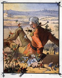 Lilluputialaiset sitovat Lemuel Gulliverin. Kuvitus Jonathan Swiftin (1667-1745) elokuvaan "" Gulliver