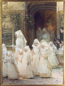 Nuorten tyttöjen kulkue rippipäivänä, L"hopital de Beaune, 1906 tekijältä Henri Jules Jean Geoffroy