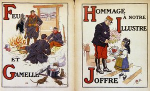 Tuli ja sotku tina ja kunnianosoitus marsalkka Joffrelle, kuvitus kirjasta "Alphabet de la Guerre"