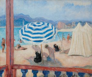 Kepit, sininen päivänvarjo ja teltat; Kepit, sininen päivänvarjo ja teltat, tekijältä Henri Lebasque
