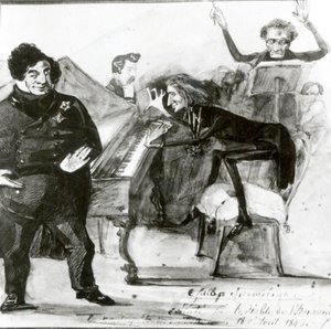 Galop Chromatique -karikatyyri Luigi Lablachesta, Franz Lisztistä (1811-86) pianolla ja Francois Habeneckistä tekijältä Henri Lehmann