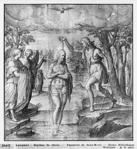 Kristuksen elämä, Kristuksen kaste, kuvakudossarjakuvan valmistelututkimus Saint-Merrin kirkolle Pariisissa, n. 1585-1590 (pierre noire und wash ja valkoiset kohokohdat paperilla) tekijältä Henri Lerambert