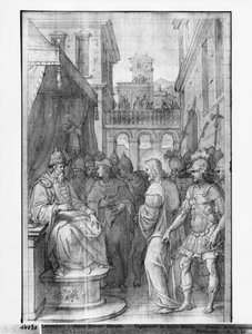 Kristuksen elämä, Kristus Herodeksen edessä, kuvakudossarjakuvan valmistelututkimus Saint-Merrin kirkolle Pariisissa, n. 1585-1590 (pierre noire, pesu ja valkoiset kohokohdat paperilla) tekijältä Henri Lerambert