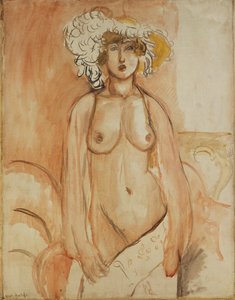 Antoinette seisoo, vartalo paljaana, päässään höyhenhattu, noin 1918 (öljy kankaalle). tekijältä Henri Matisse