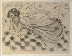 Drapattu hahmo makaa mustalla ruudullisella sohvalla tekijältä Henri Matisse