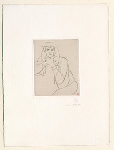 Nuori nainen kädet yhteen liitettyinä huonekalun selkänojalla tekijältä Henri Matisse