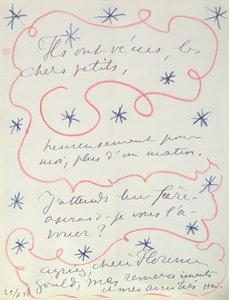 Taidemaalarin kirje Florence Gouldille (s.1895), 29. heinäkuuta 1948 (kynä ja värikynä paperilla). tekijältä Henri Matisse