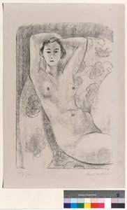 Istuva alaston hahmo kukkakoristeisessa nojatuolissa tekijältä Henri Matisse