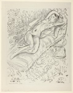 Lepäävä alaston lepotuolilla, taustalla mashrabiya tekijältä Henri Matisse