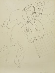Odaliskit ruutupiirroksen kanssa, n.1928 (kynä ja mustaa tussia paperille). tekijältä Henri Matisse
