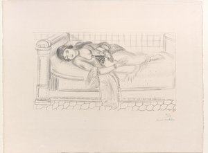 Itämainen naisen kuva lepotuolilla, punaisella laattalattialla tekijältä Henri Matisse