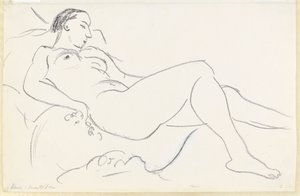 Naisalaston makuuasento (mustavalkoinen liitu paperille) tekijältä Henri Matisse