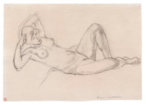 Naispuolinen alaston makuuasennossa ja kohotettu polvi tekijältä Henri Matisse