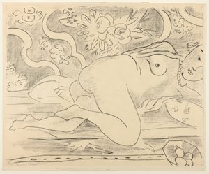 Makuuasennossa alaston ja kulhollinen hedelmiä tekijältä Henri Matisse