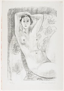 Istuva alaston nojatuolissa, jossa on kukkakoristeita tekijältä Henri Matisse