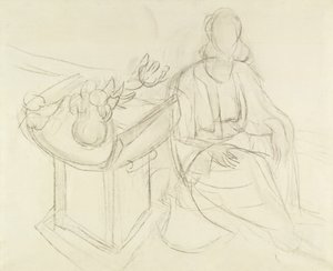 Istuva nainen - asetelma, jossa on kukkia pöydällä (hiili kankaalle) tekijältä Henri Matisse