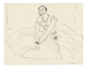 Istuva nainen, jolla on täyshameinen mekko tekijältä Henri Matisse