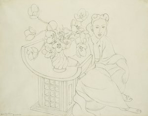 Istuva nainen ja maljakko tulppaanin kanssa tekijältä Henri Matisse