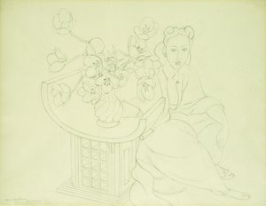 Istuva nainen tulppaanimaljakon kanssa tekijältä Henri Matisse