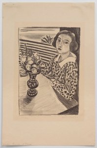 Istuva nuori tyttö ja kukkakimppu tekijältä Henri Matisse